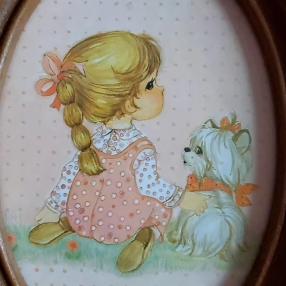VINTAGE PAIR OF OVAL PORTRAITS BOY AND GIRL WALL DECOR PICTURES Puppies Overalls - Picture 6 of 8
